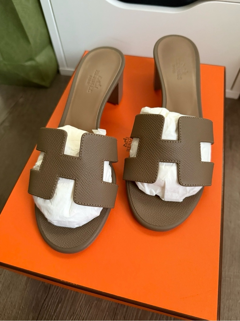 Hermes taupe Oran H-strap Leather Mules